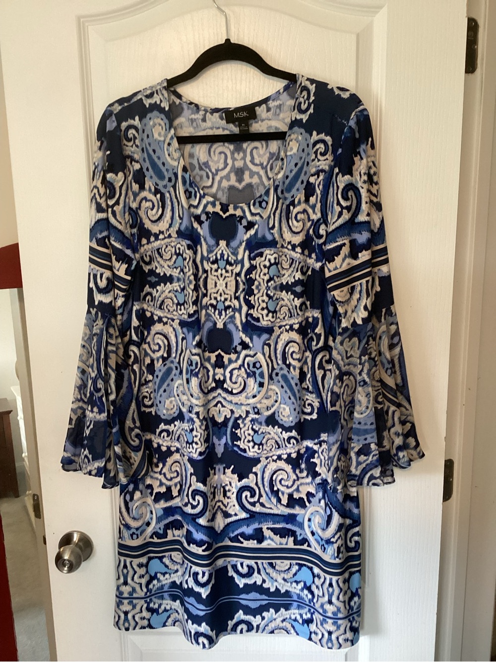 MSK Navy and Light Blue Paisley Bell-Sleeve Tunic